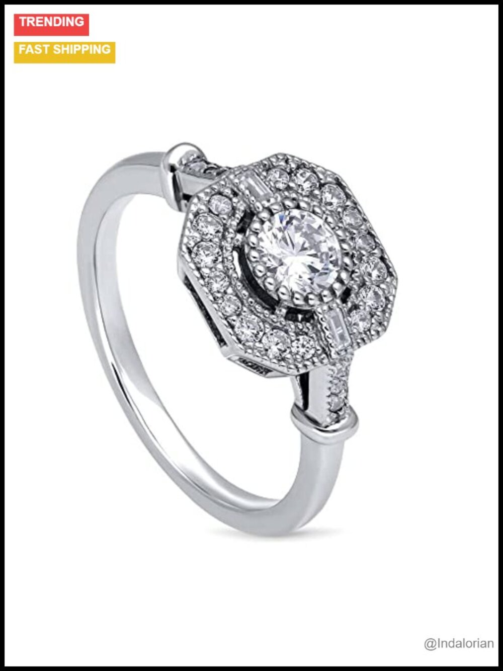 Sterling Silver Art Deco Ring with Cubic Zirconia CZ Statement Wedding Ring
